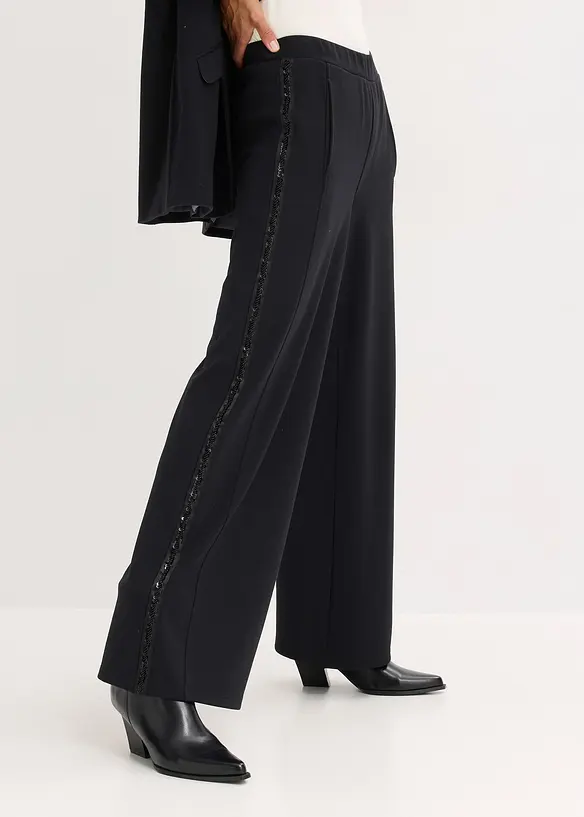 Pantaloni con elastico in vita in punto di Roma con strass, bonprix