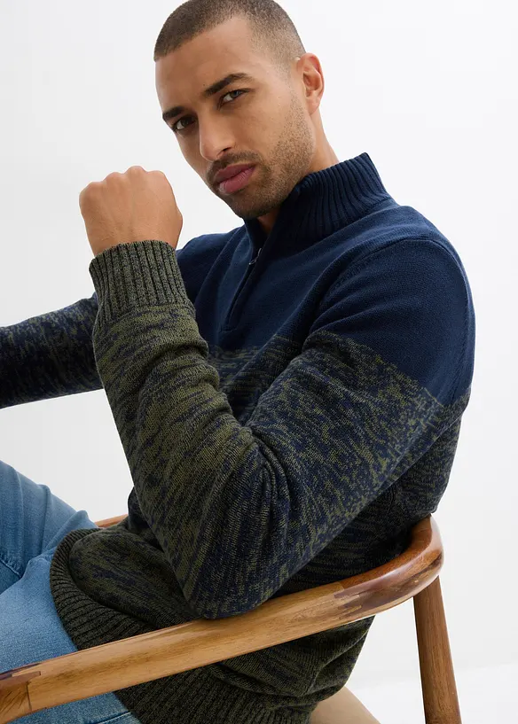 Maglione in filato grosso misto cotone con mezza zip, bonprix