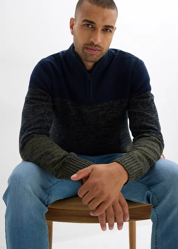 Maglione in filato grosso misto cotone con mezza zip, bonprix