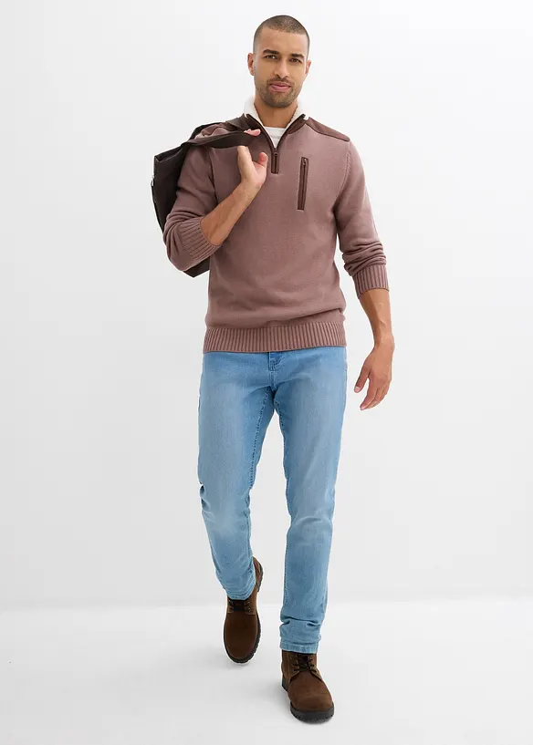 Maglione con mezza zip e inserto in tessuto, bonprix