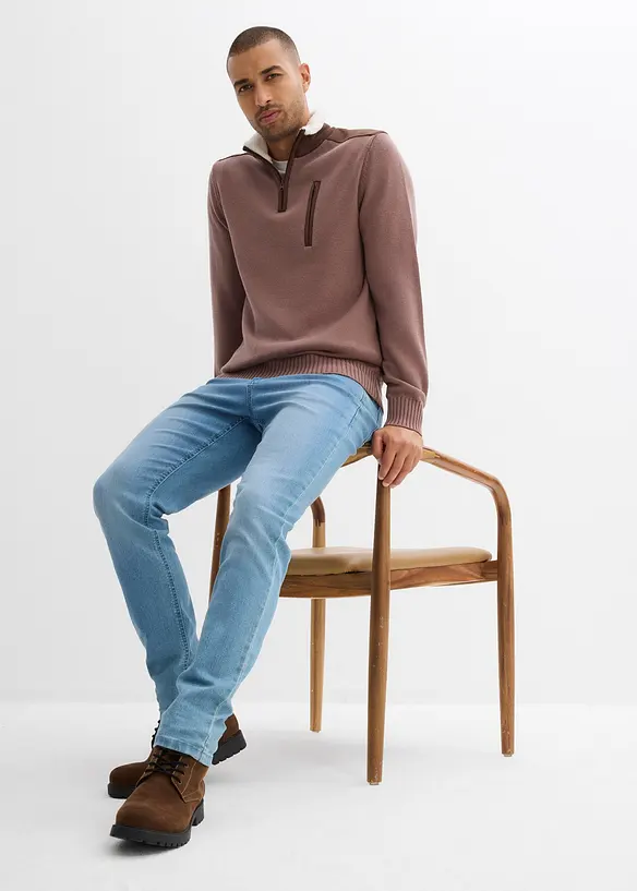 Maglione con mezza zip e inserto in tessuto, bonprix