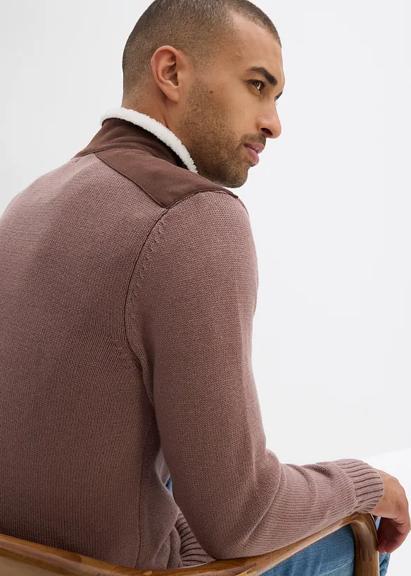 Maglione con mezza zip e inserto in tessuto, bonprix