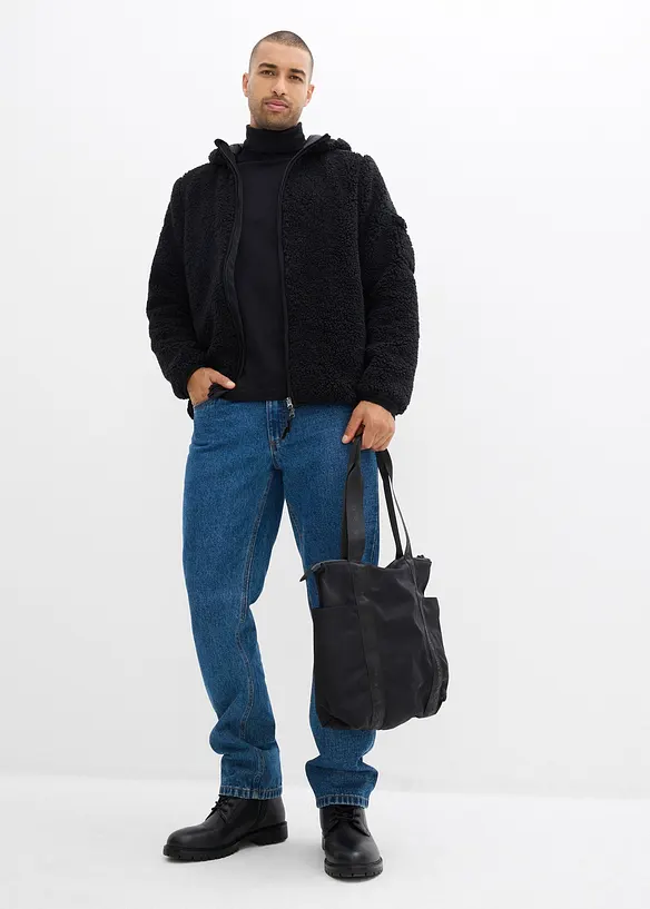 Giacca in pile teddy con rifiniture in tessuto e cappuccio, bonprix