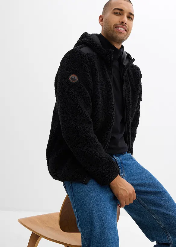 Giacca in pile teddy con rifiniture in tessuto e cappuccio, bonprix