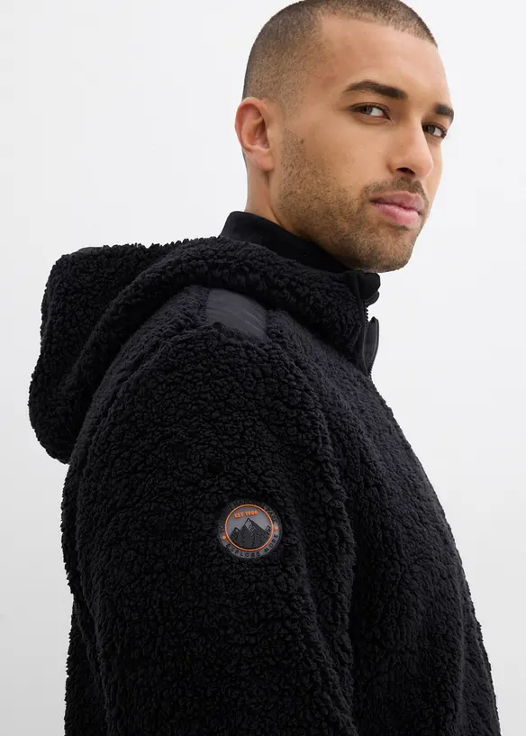 Giacca in pile teddy con rifiniture in tessuto e cappuccio, bonprix