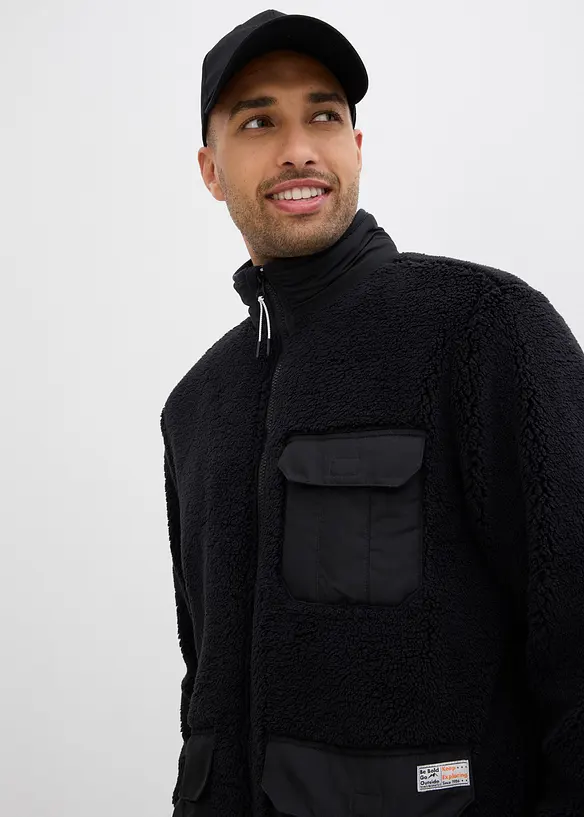 Giacca in pile teddy con inserto in tessuto e collo dritto, bonprix