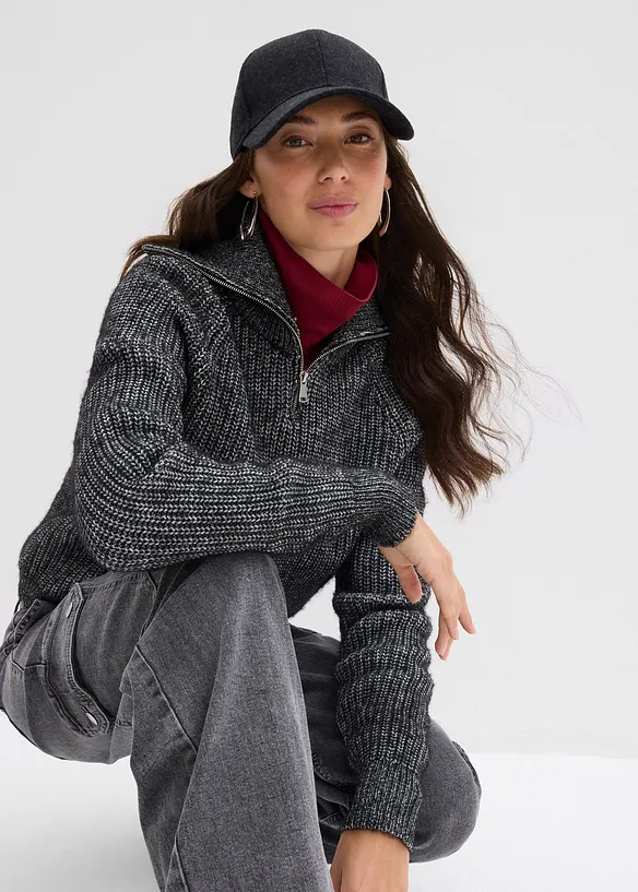 Maglione con mezza zip in morbido misto cotone, bonprix