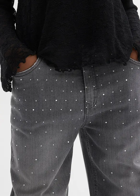 Jeans wide leg con strass, vita media, bonprix