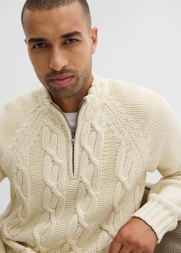 Maglione in filato grosso misto cotone con mezza zip, bonprix