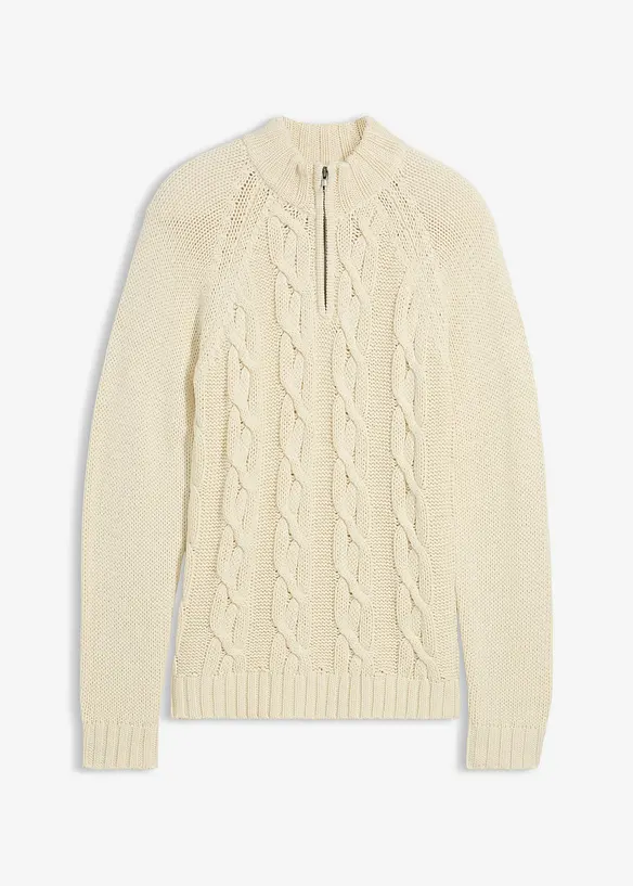 Maglione in filato grosso misto cotone con mezza zip, bonprix