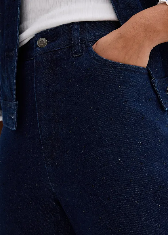 Jeans straight loose fit con cinta comoda e strass, vita alta, bonprix