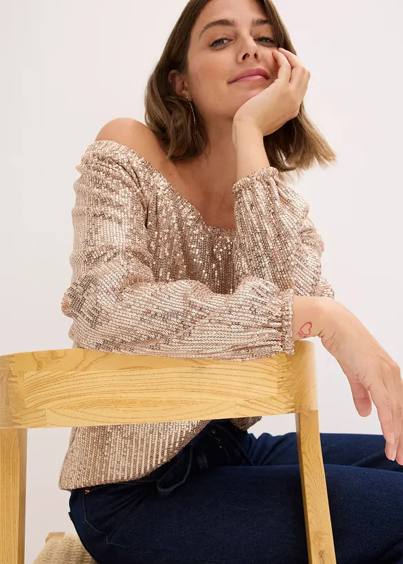Maglia con spalle scoperte oversize con paillettes, bonprix
