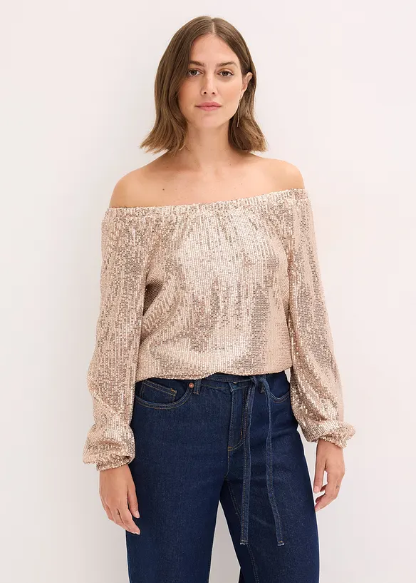 Maglia con spalle scoperte oversize con paillettes, bonprix