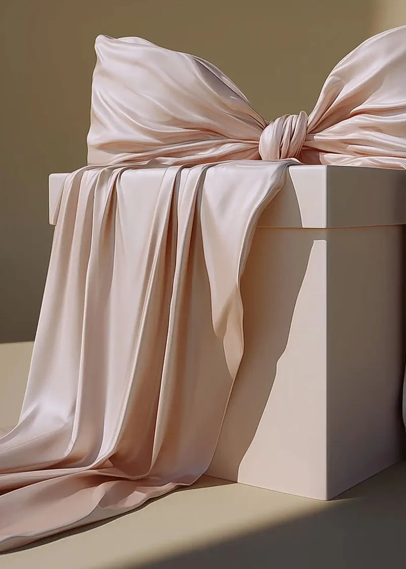 Un delicato nastro rosa avvolge elegantemente una scatola bianca, legata con un fiocco decorativo.