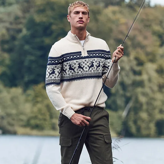 Uomo - Maglione norvegese con mezza zip - Ecru fantasia