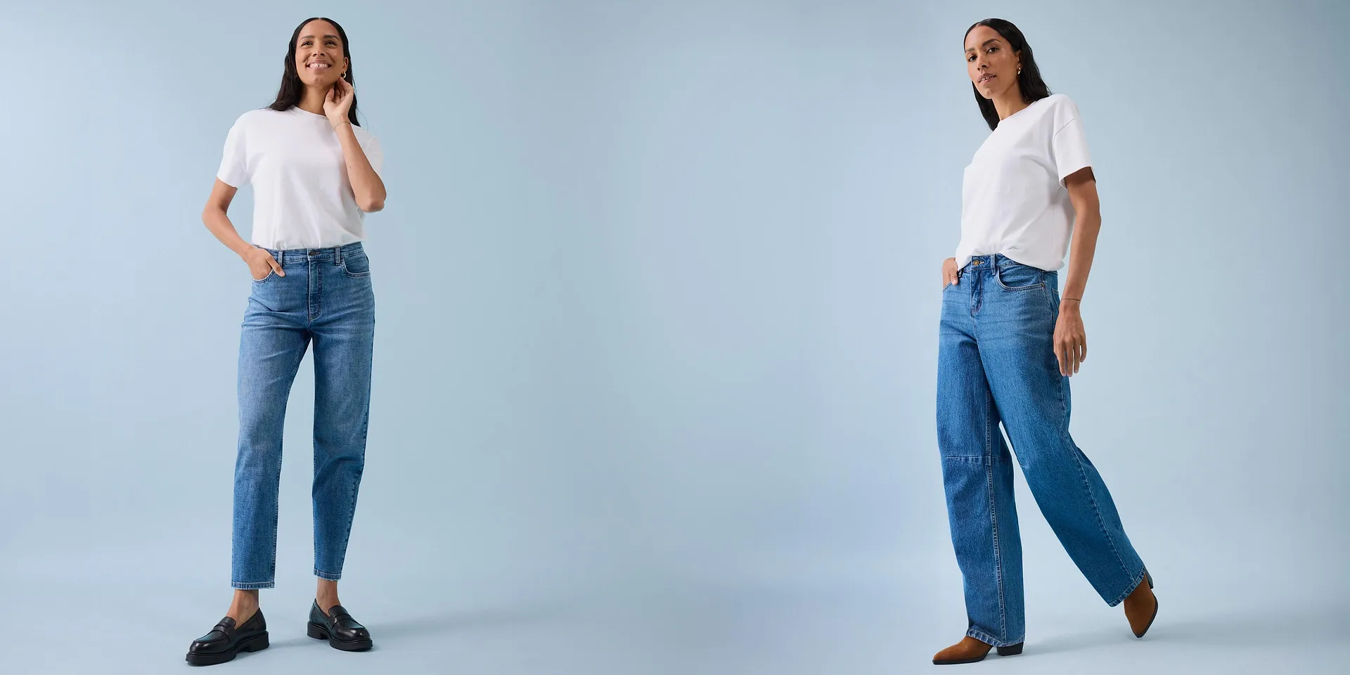 Look casual classico: magliette bianche abbinate a jeans blu e scarpe alla moda.