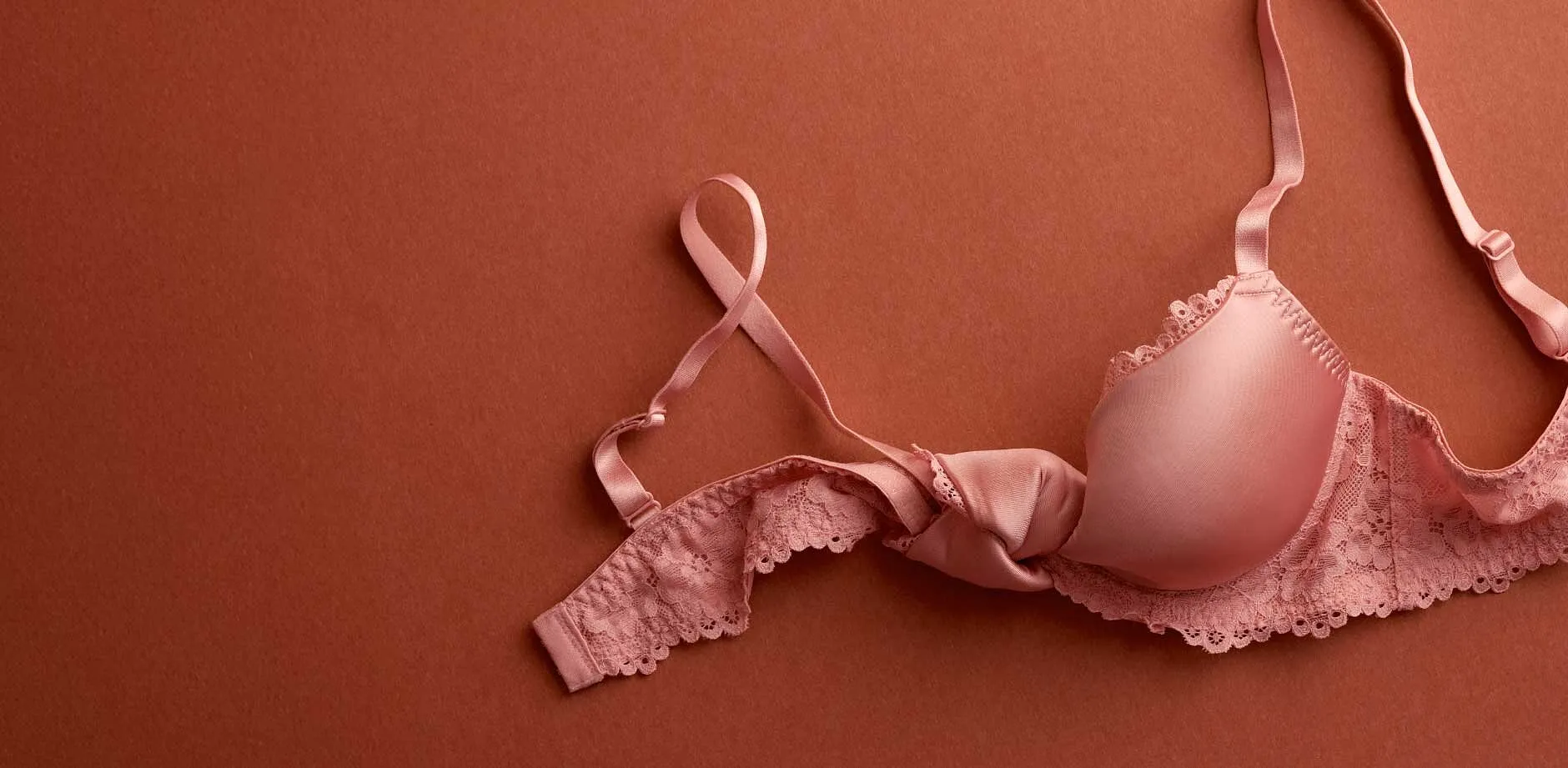 Reggiseno rosa tenue con dettagli in pizzo su sfondo color terracotta. Intimo elegante per donne.