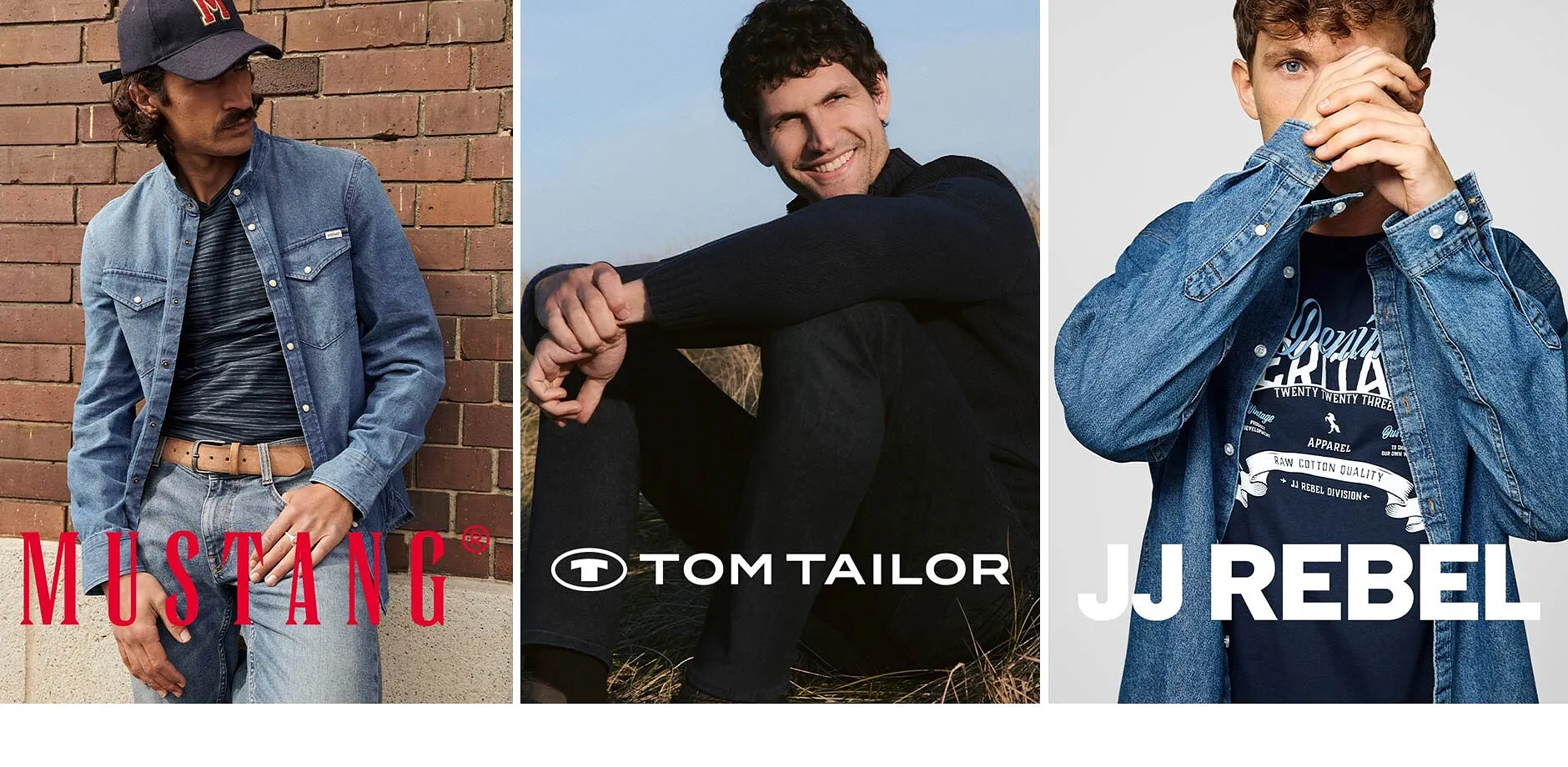 Look casual in denim del marchio Mustang. Abbigliamento elegante e scuro del marchio Tom Tailor. Look streetstyle del marchio JJRebel.