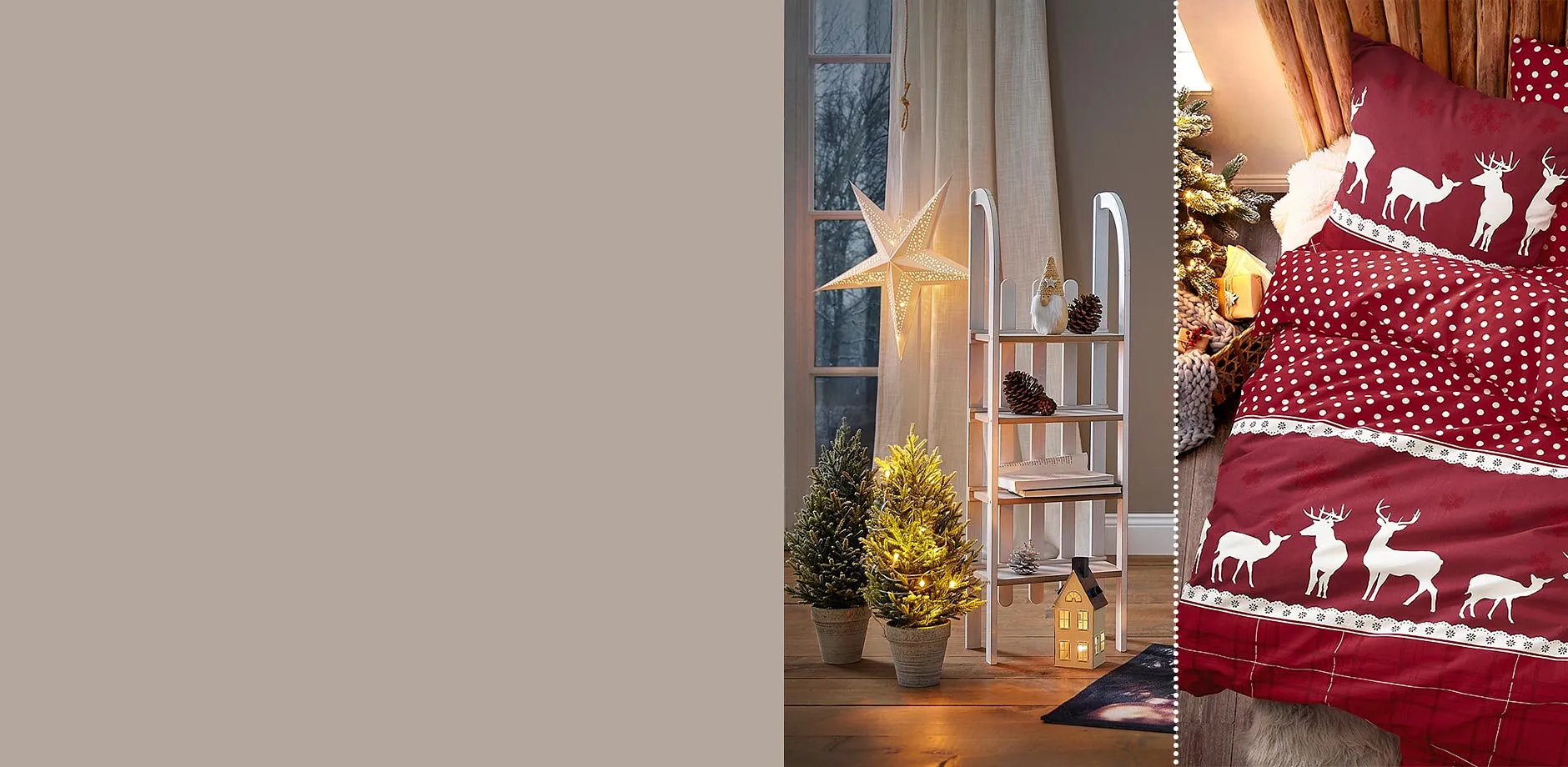 Decorazioni invernali e morbida biancheria da letto in rosso bordeaux con renne bianche.