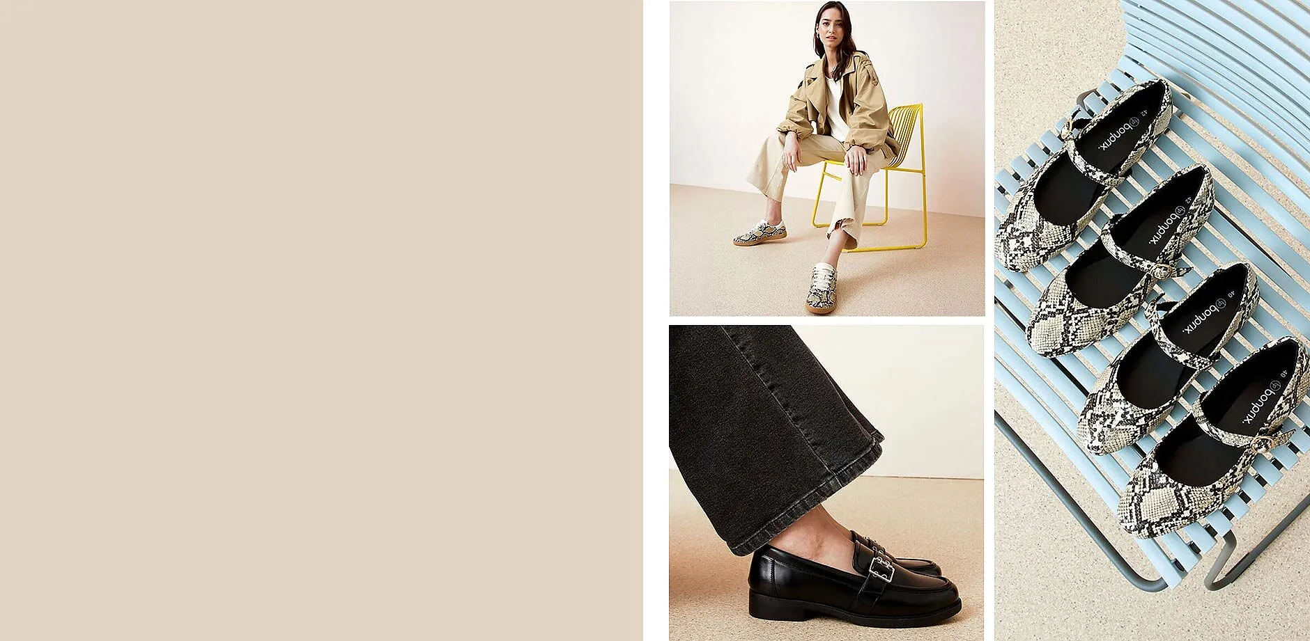 Scarpe eleganti: mocassini neri, ballerine pitonate e sandali bianchi.