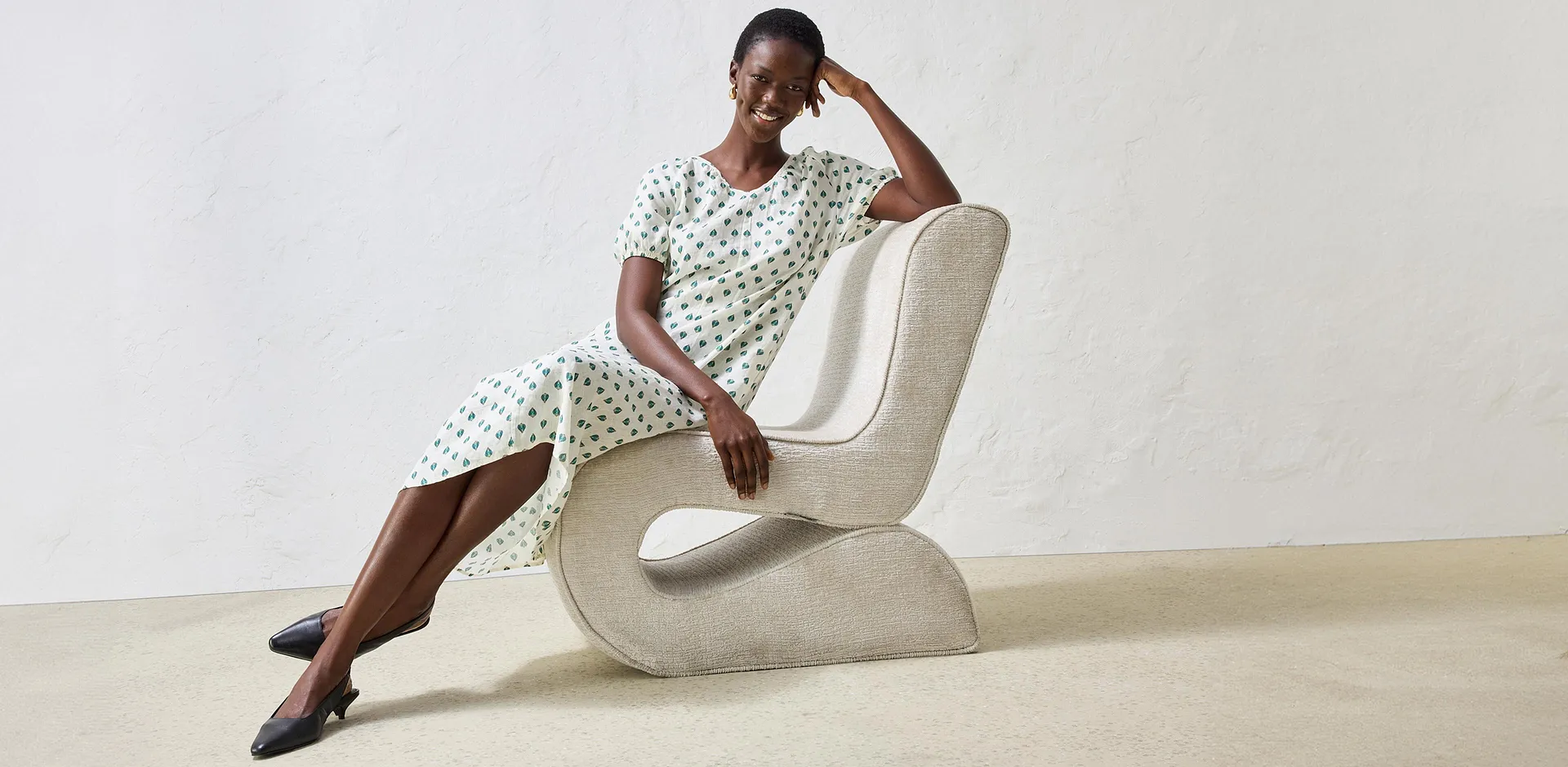 Di tendenza - Abito in puro lino - Bianco crema / verde pepe fantasia