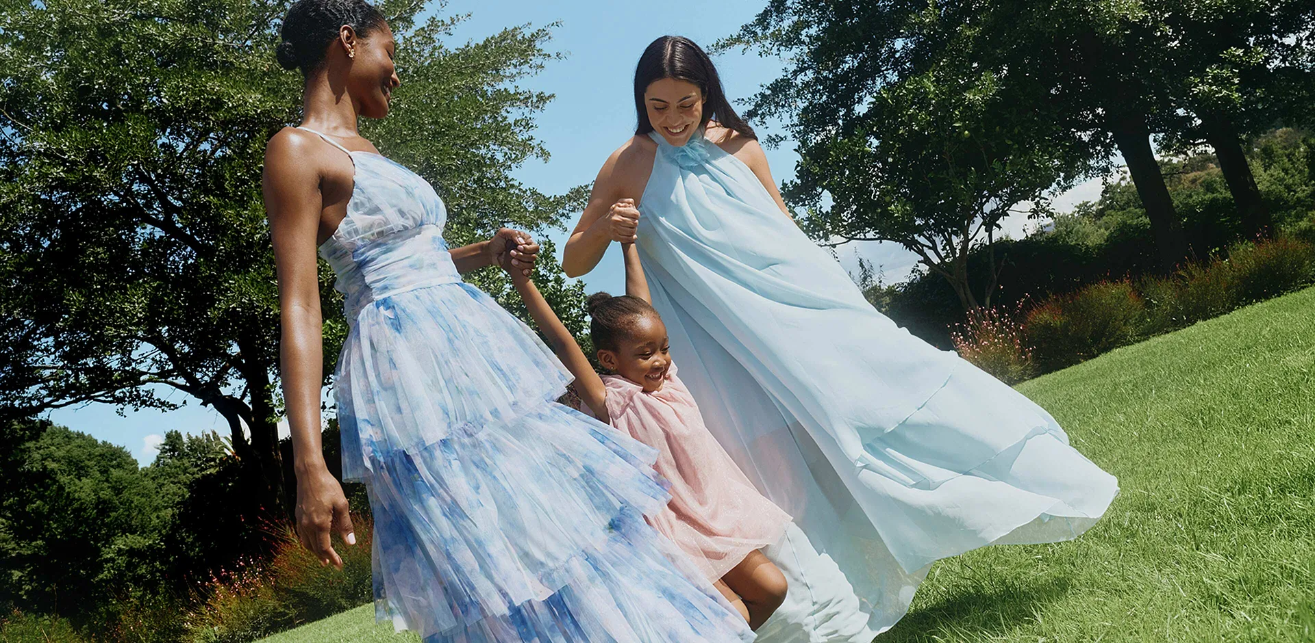 Donna - Abito midi in tulle fine con volant - Azzurro a fiori