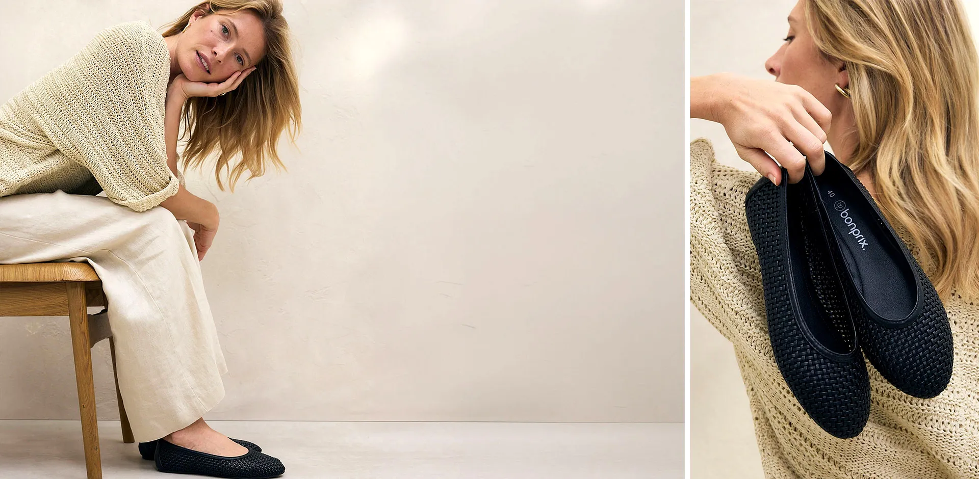 Maglia color crema e pantaloni larghi di lino creano un look comodo ed elegante.