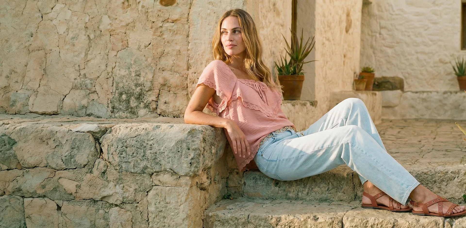 Blusa rosa pallido con volant e jeans azzurri.