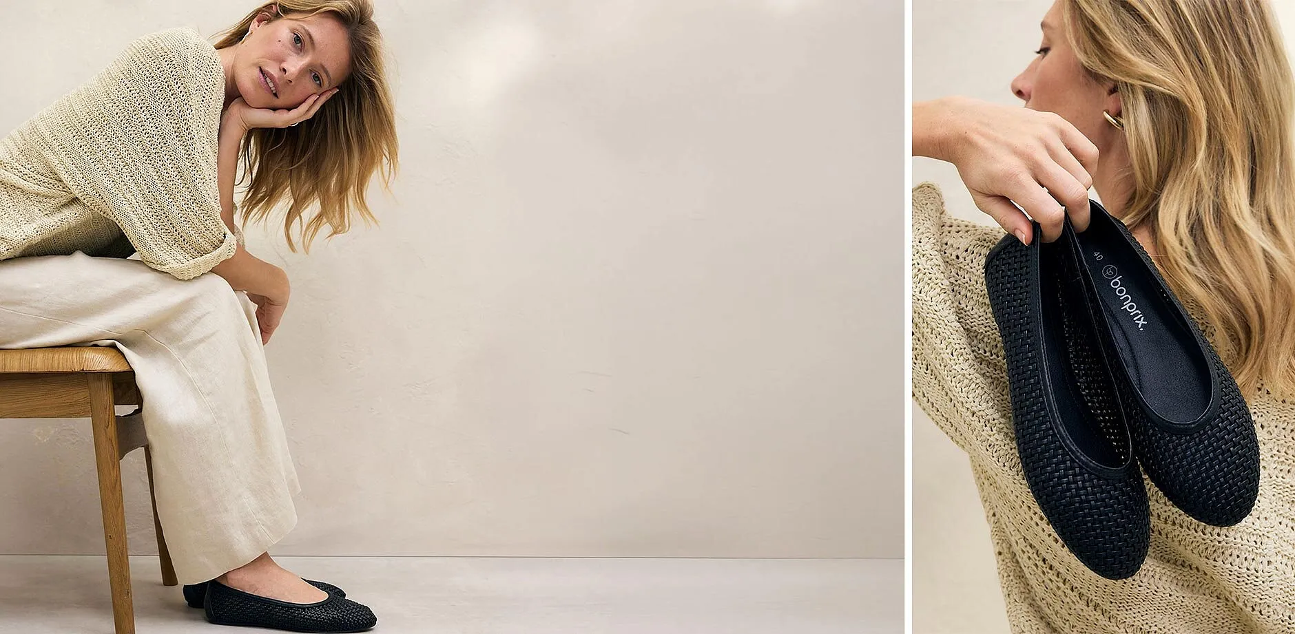 Maglia color crema e pantaloni larghi di lino creano un look comodo ed elegante.