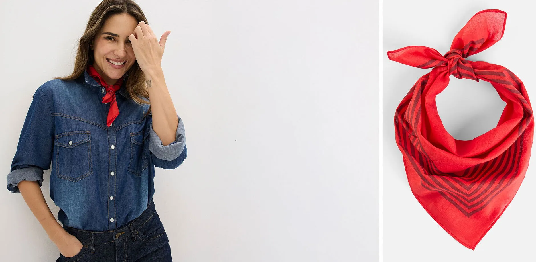 Camicia di jeans dal look casual con un foulard rosso.