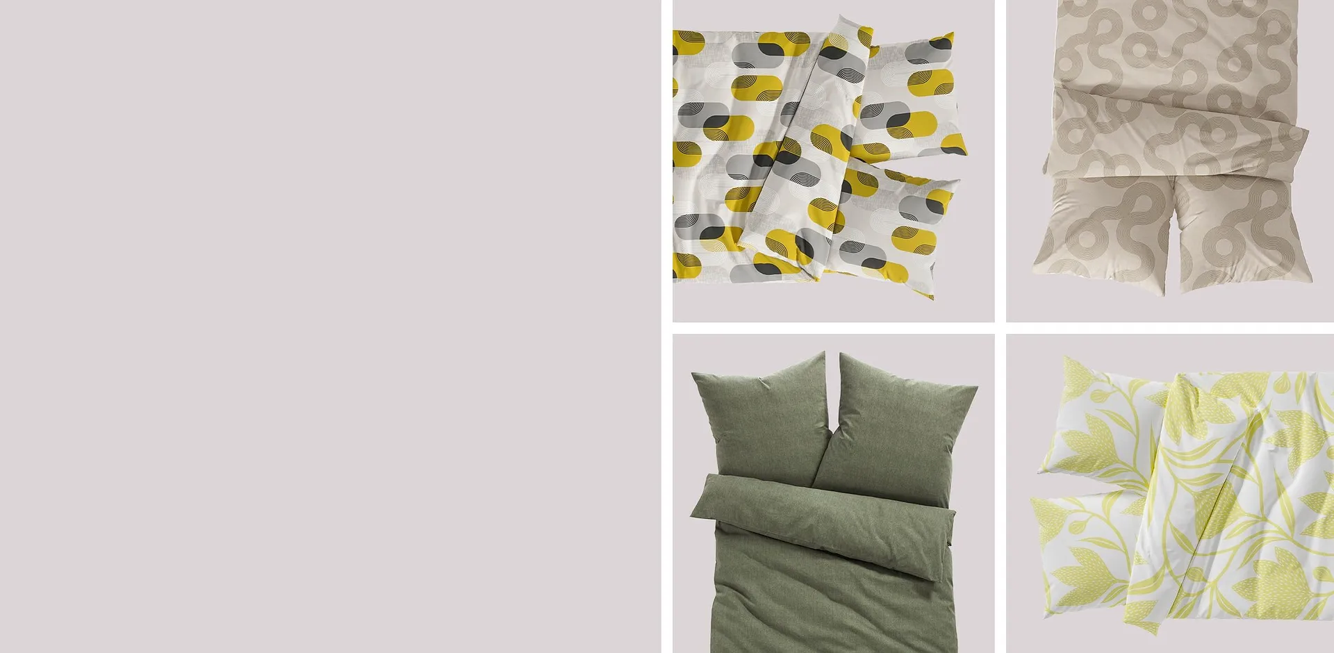 Diversi set di biancheria da letto in vari colori e fantasie, esposti in modo ordinato.