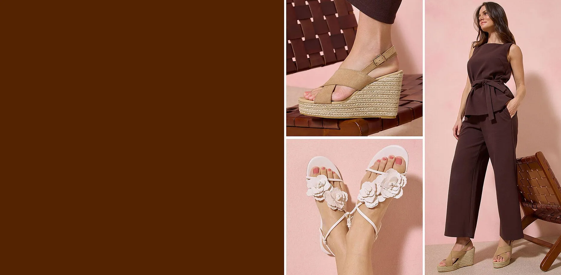 Outfit nei toni del marrone con sandali con zeppa abbinati.