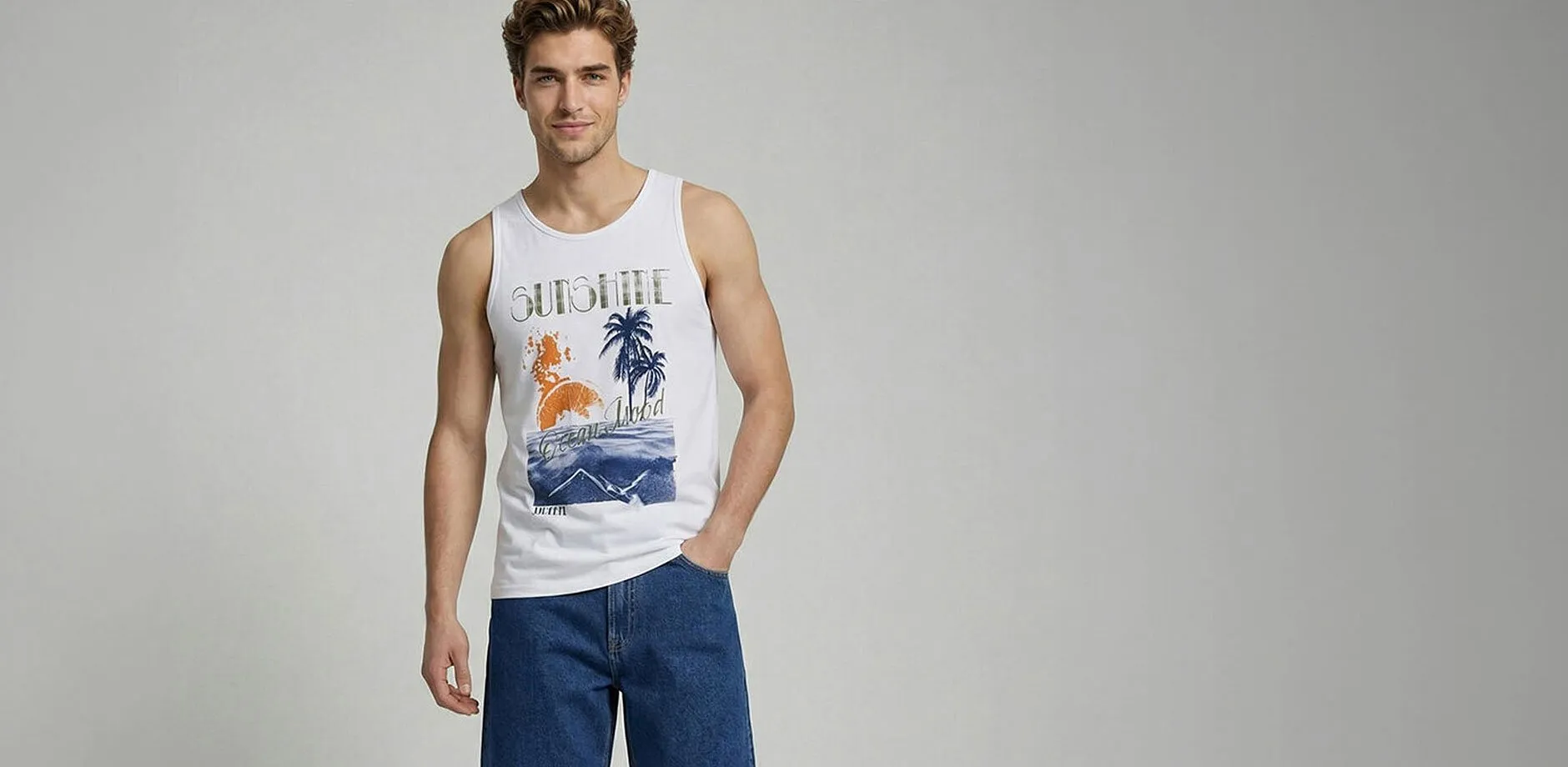 Canotta estiva con motivo tropicale e comodi shorts in denim.