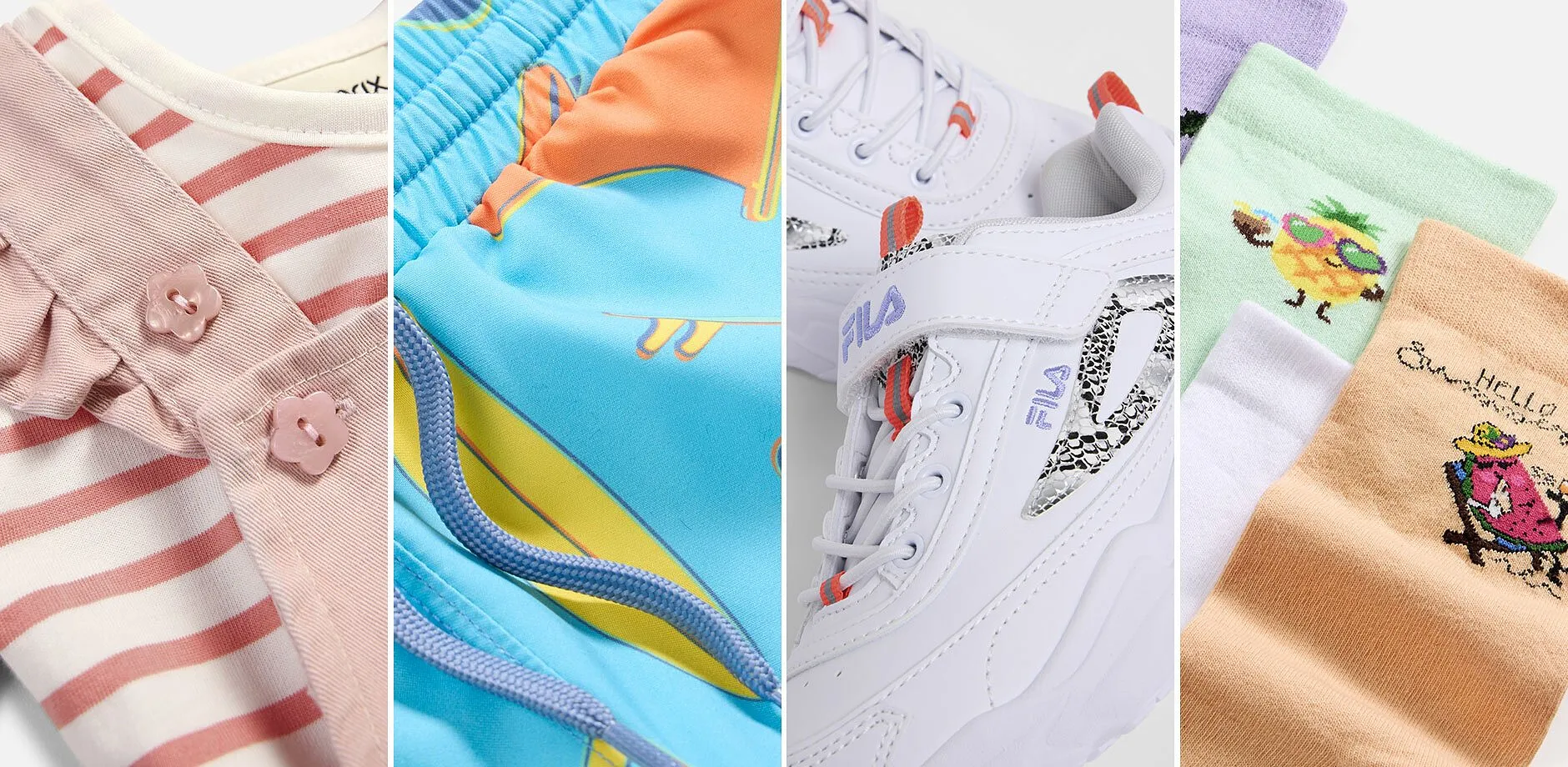 Abbigliamento e accessori per bambini: body, costume da bagno, sneaker e calzini. 