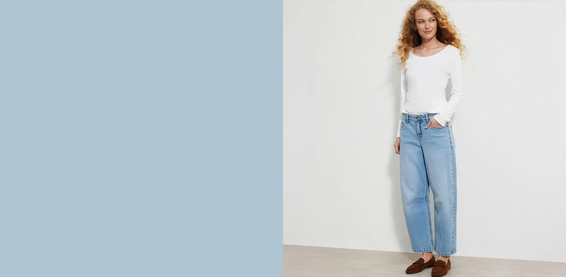 Donna - Jeans straight cropped, vita media - Azzurro denim used