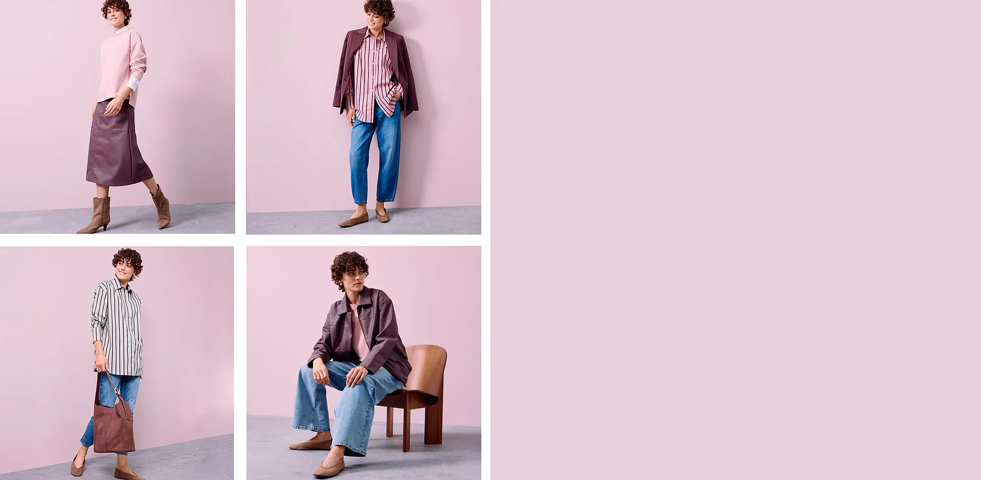 Outfit moderni con jeans, camicie a righe, gonne di pelle e tocchi di colore caldo.