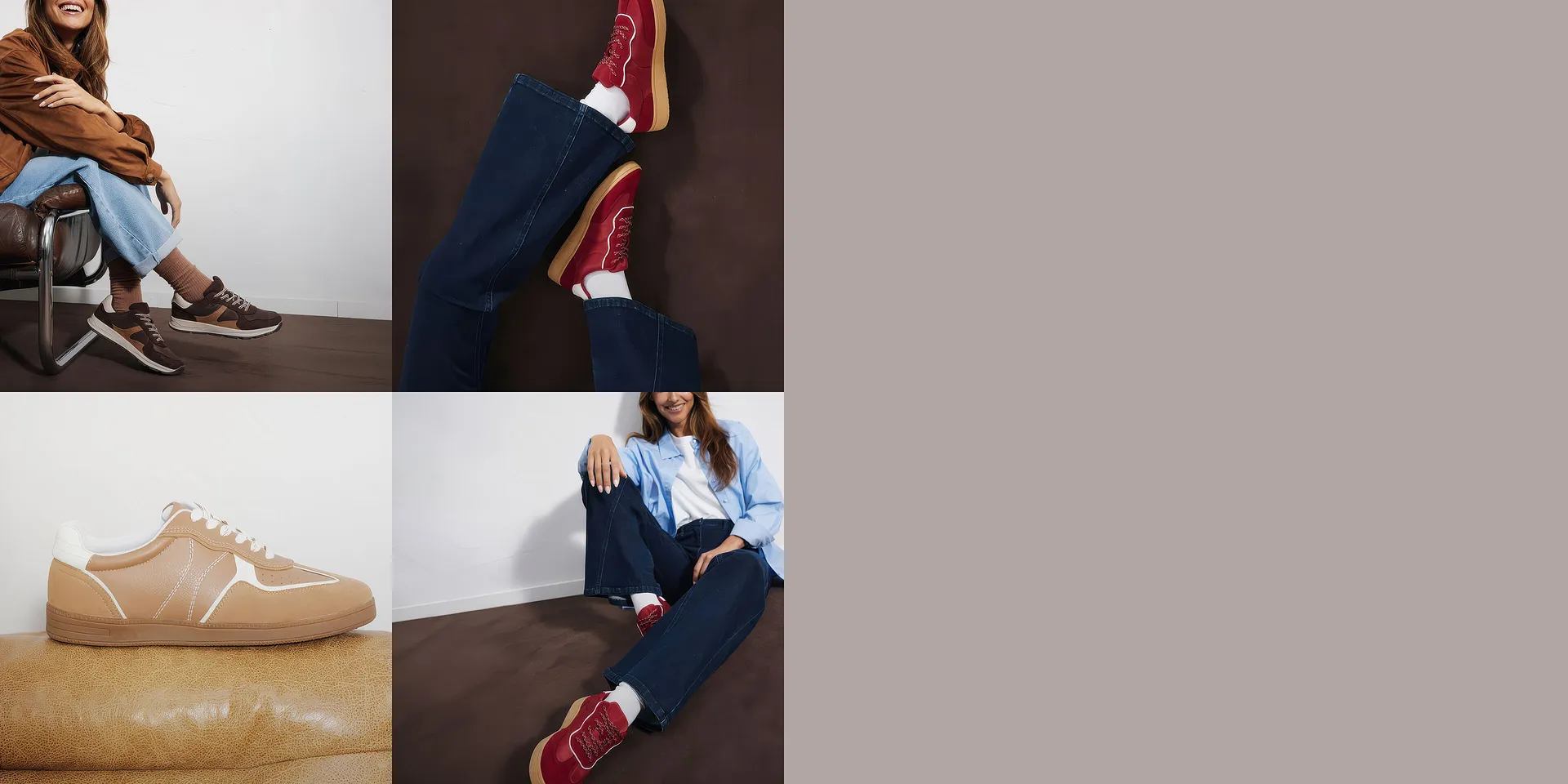 Sneaker alla moda nei colori marrone, rosso e beige, abbinate a jeans e top casual.