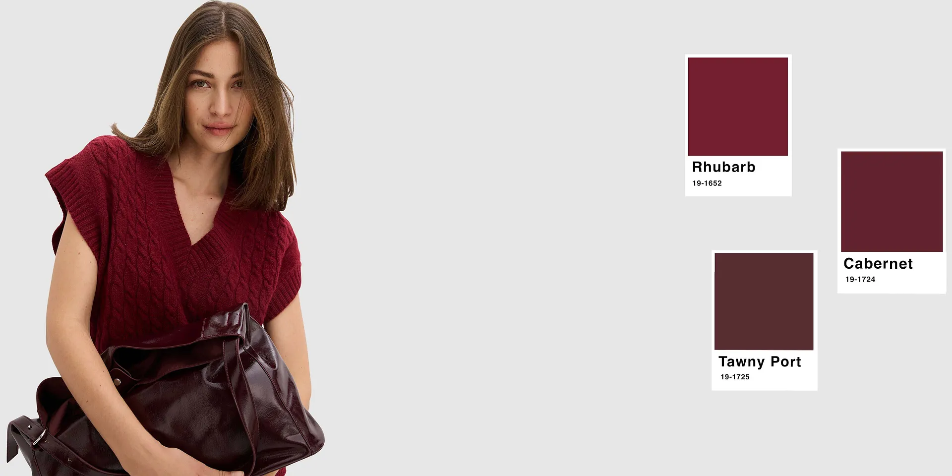 Top color bordeaux, borsa in pelle e una gamma di tonalit&agrave; di rosso intenso e color vino.