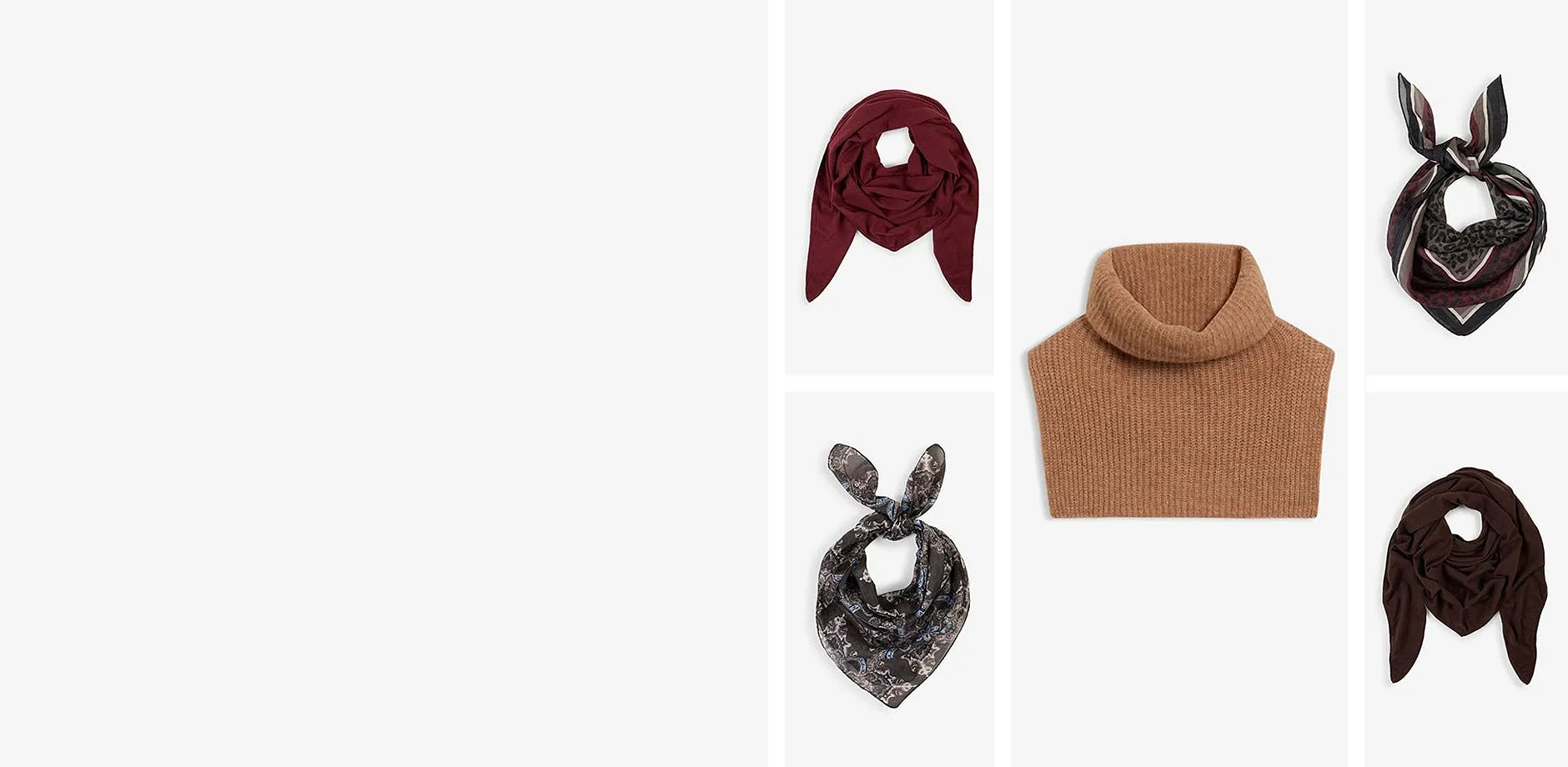 Una selezione di sciarpe alla moda, foulard e un morbido dolcevita.