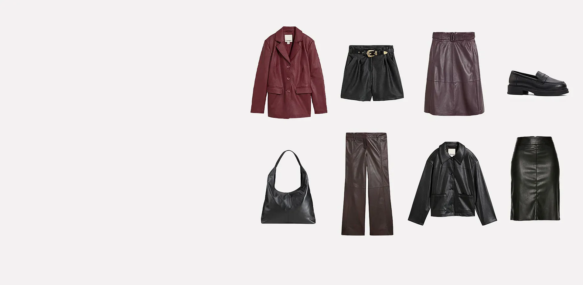 Giacche di pelle, pantaloni, pantaloncini e una gonna nei colori marrone, nero e rosso scuro, abbinati a mocassini e una borsa.