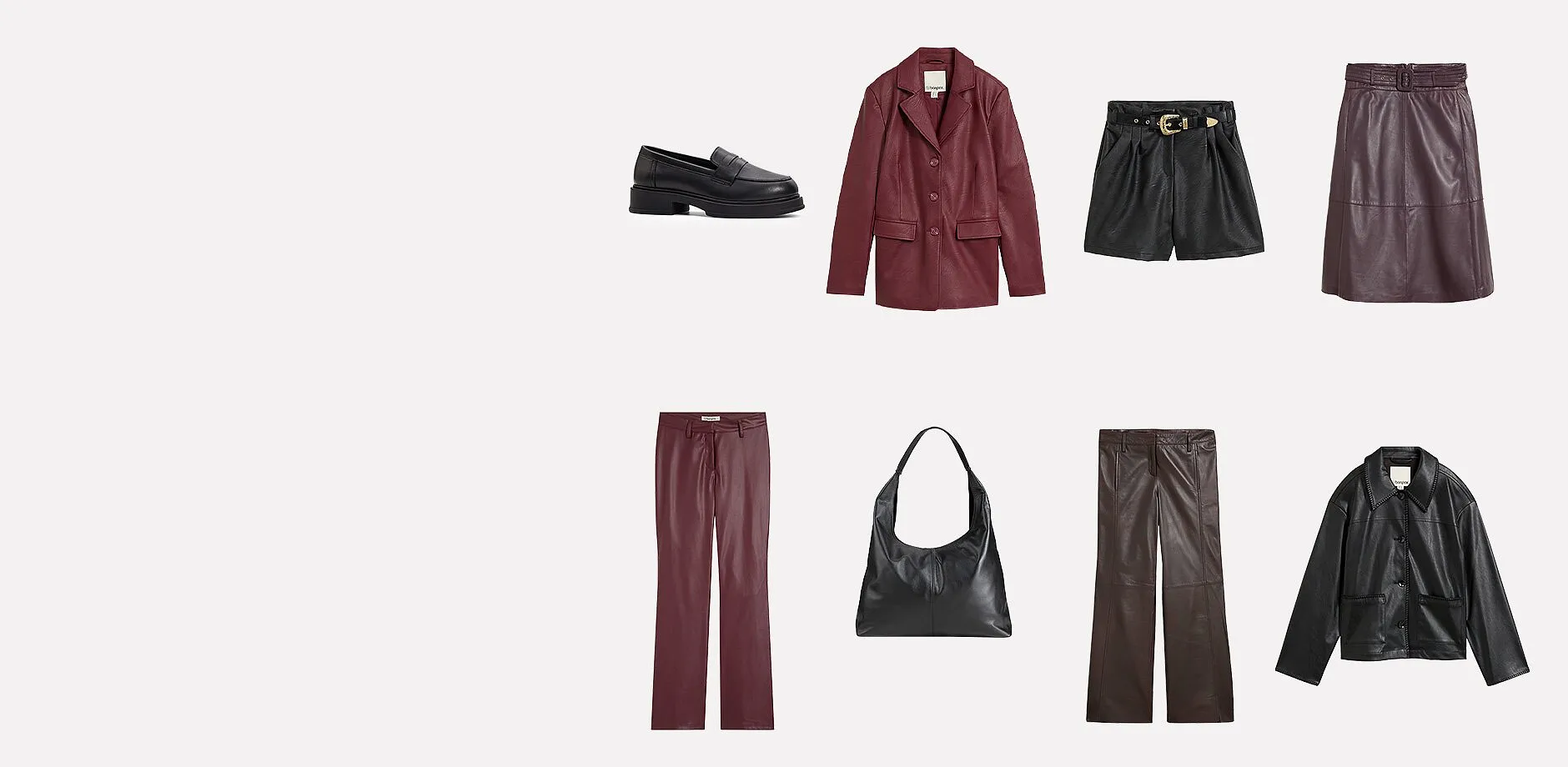 Giacche di pelle, pantaloni, pantaloncini e una gonna nei colori marrone, nero e rosso scuro, abbinati a mocassini e una borsa.