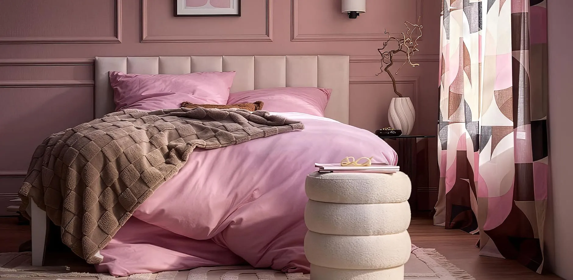 Biancheria da letto rosa, una morbida coperta e tende colorate abbelliscono questa accogliente camera da letto.