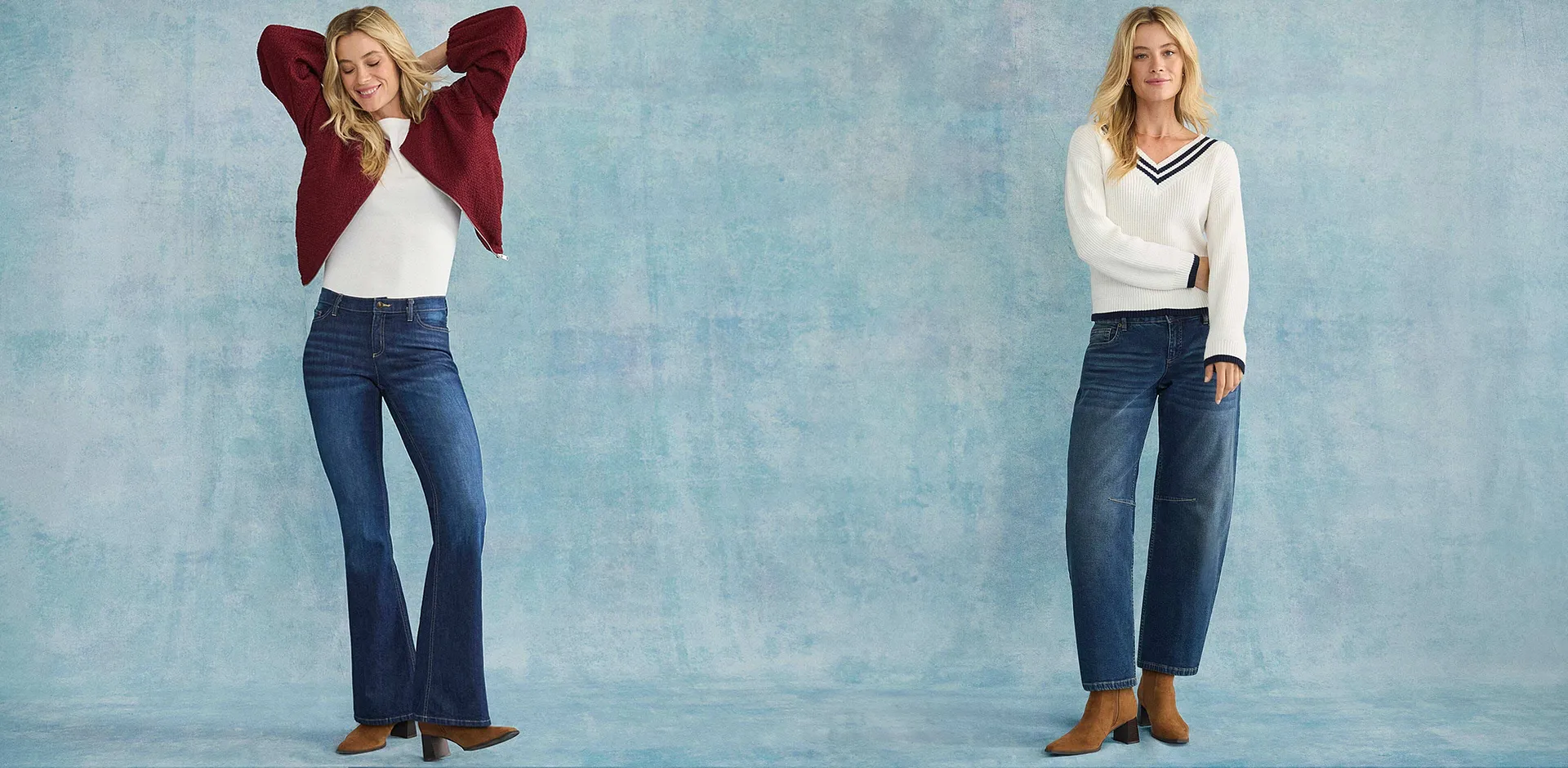 Jeans casual abbinati a maglioni bianchi e cardigan.