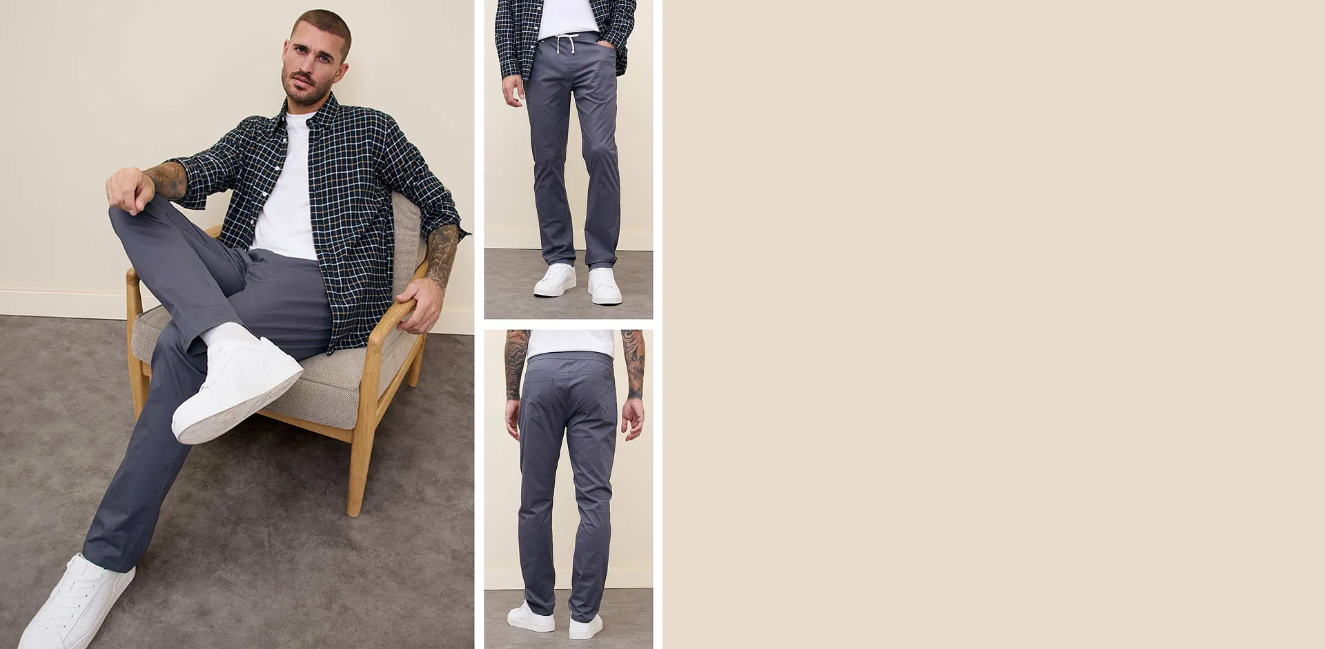 Camicia a quadri, maglietta bianca e pantaloni comodi grigi.