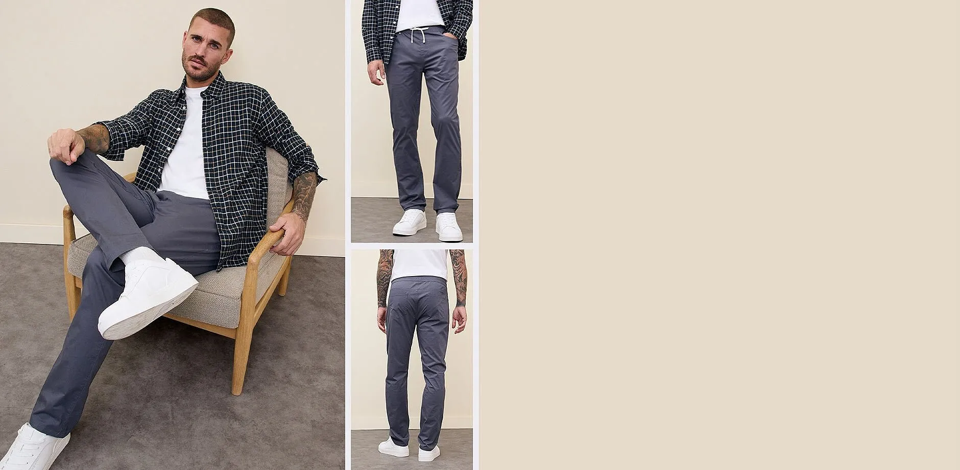 Camicia a quadri, maglietta bianca e pantaloni comodi grigi.