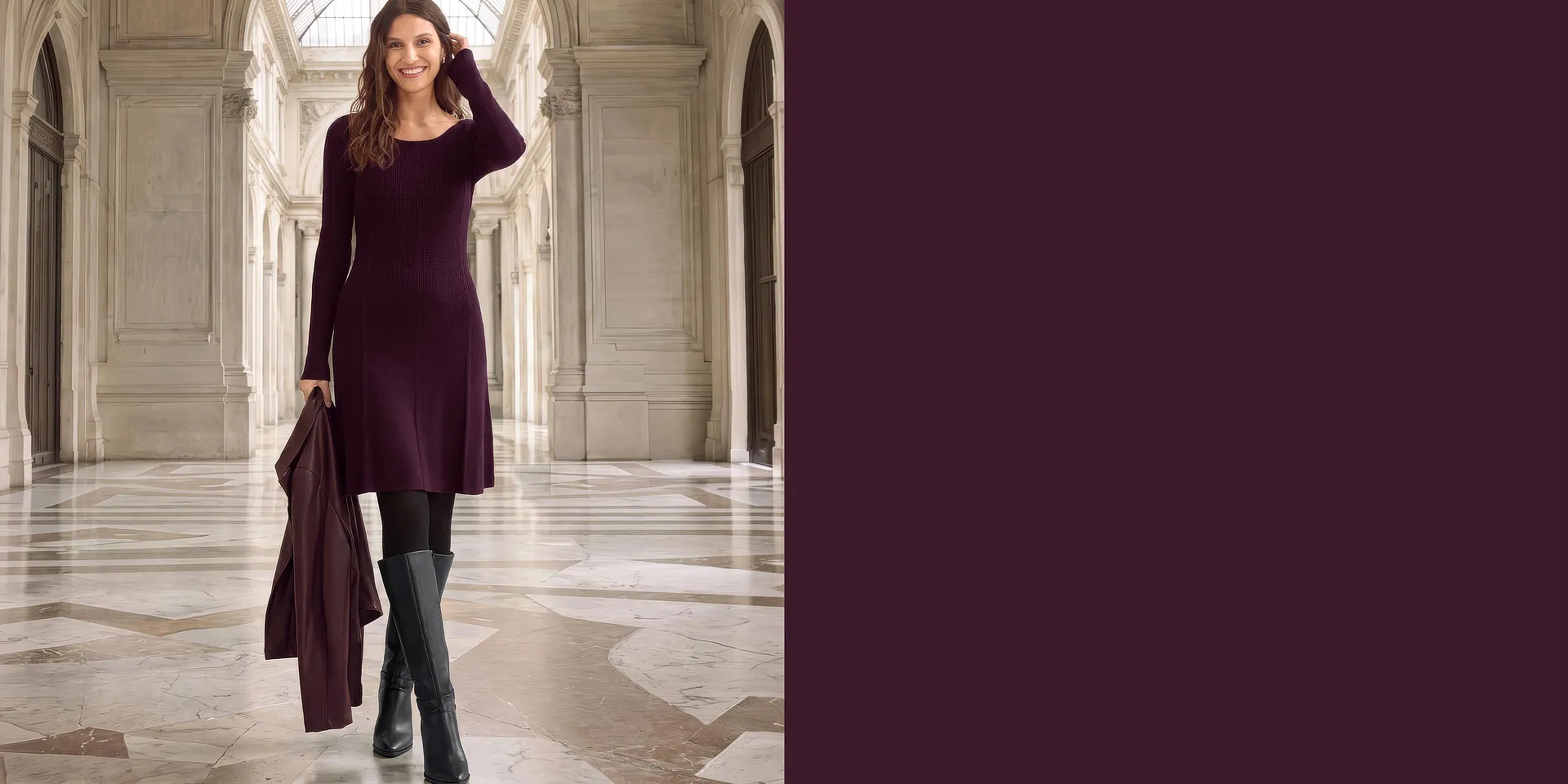Abito bordeaux con stivali neri.