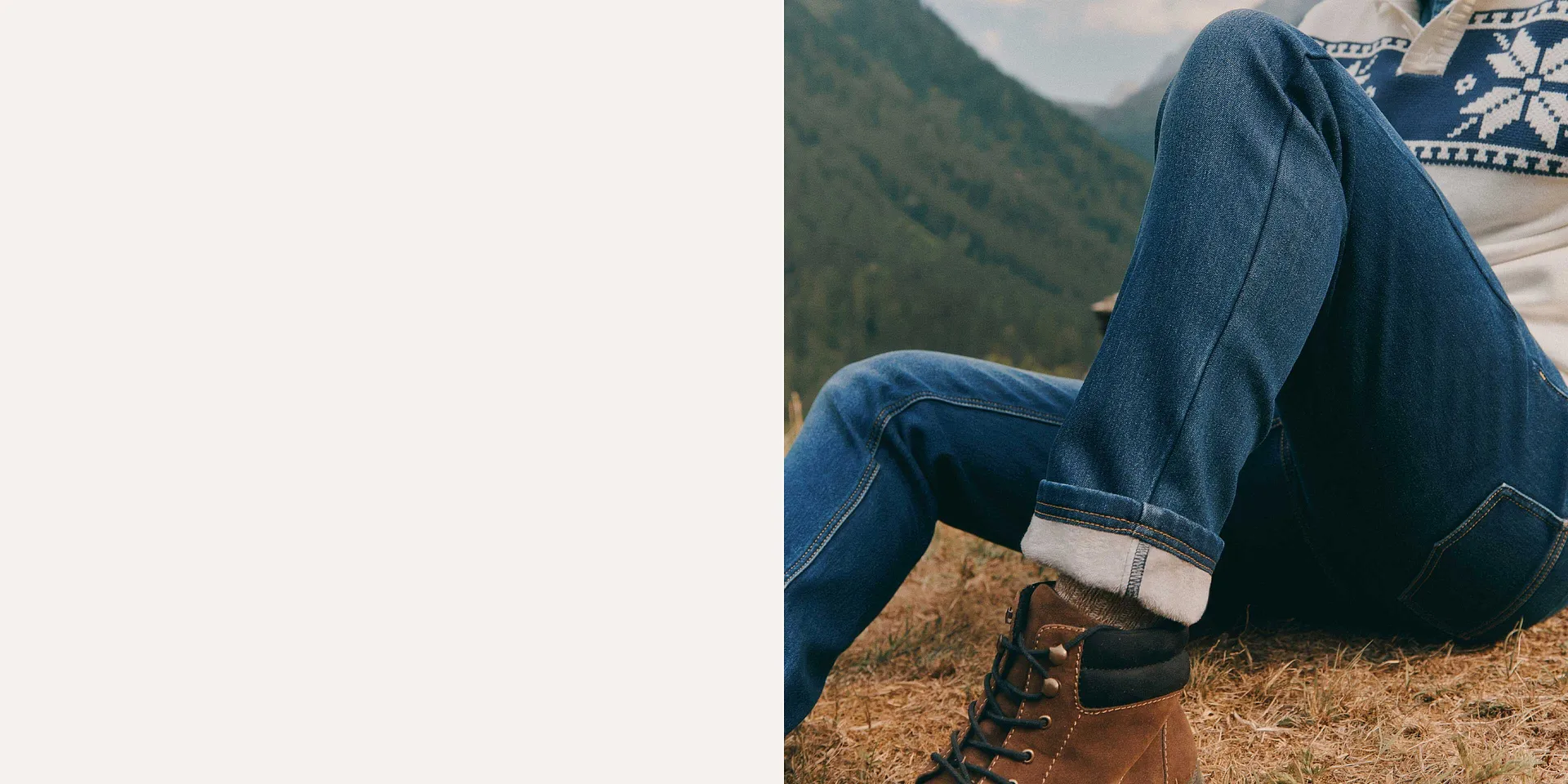 Jeans resistenti, stivali caldi e un comodo maglione norvegese