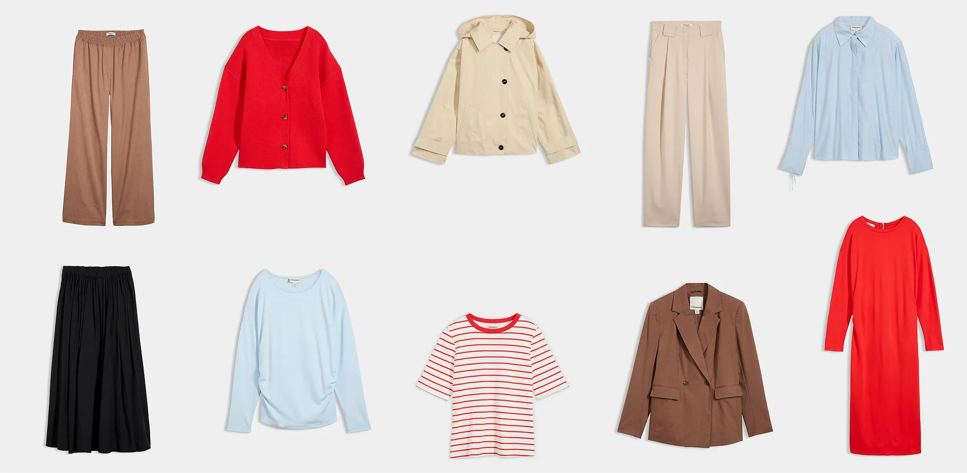 Guardaroba versatile con accenti rosso vivo, tonalit&agrave; pastello chiare ed eleganti colori terra per ogni occasione.