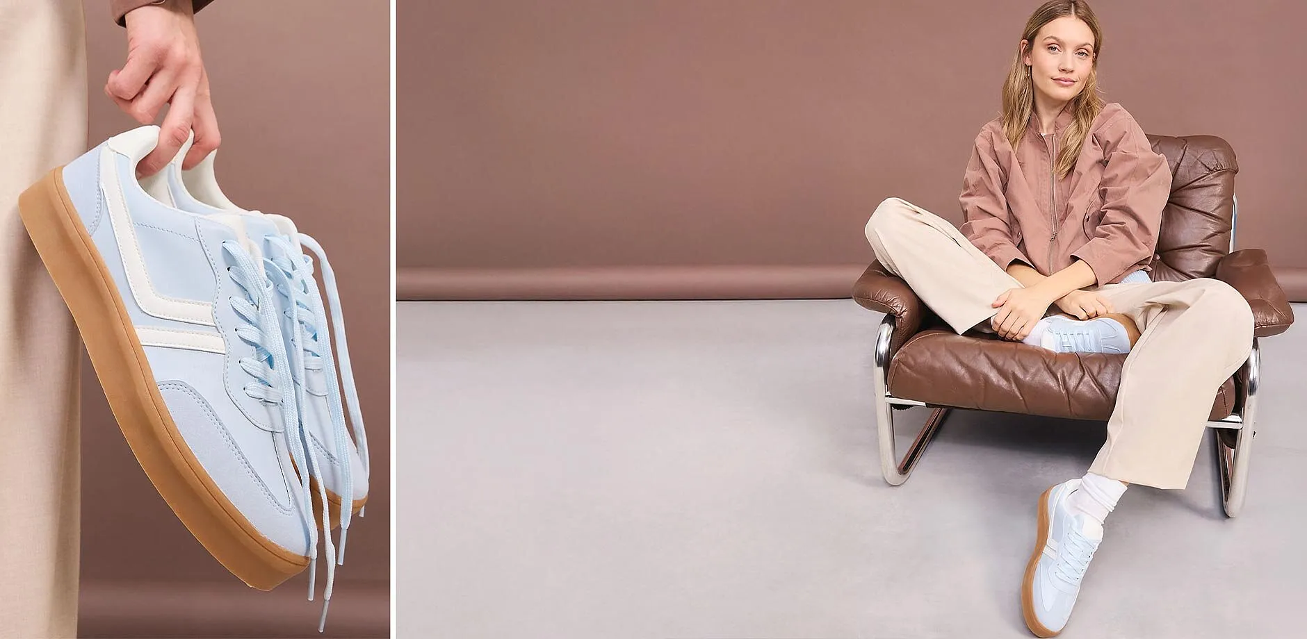 Giacca marrone abbinata a pantaloni beige e sneaker azzurre.