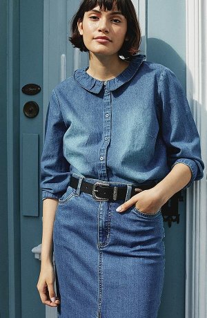 Donna - Camicia di jeans con maniche a 3/4 - Blu denim used